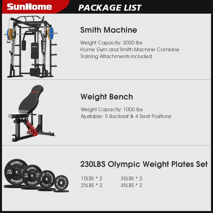 Smith Machine, Power Cage Squat Rack with Smith Bar, LAT PullDown Systems, Cable Crossover Machine and Cable Attachment for Hom
