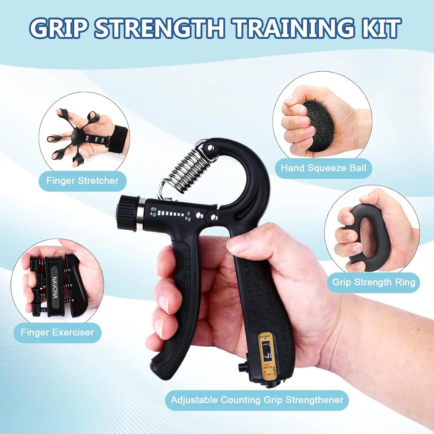 5-Piece Hand Grip Strengthener Kit for Forearm and Finger Exercise, Stress Relief, Muscle Building