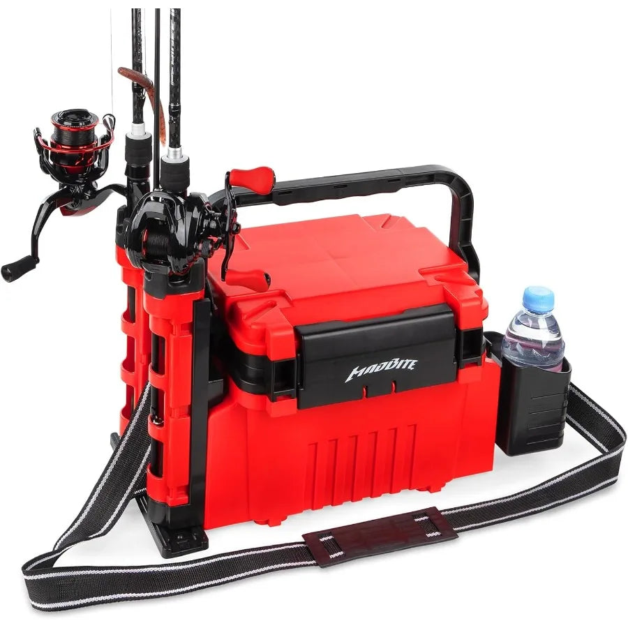 Portable Tackle Storage Box with Adjustable Rod Holder and Cup Holder Removable Dividers for Fishing