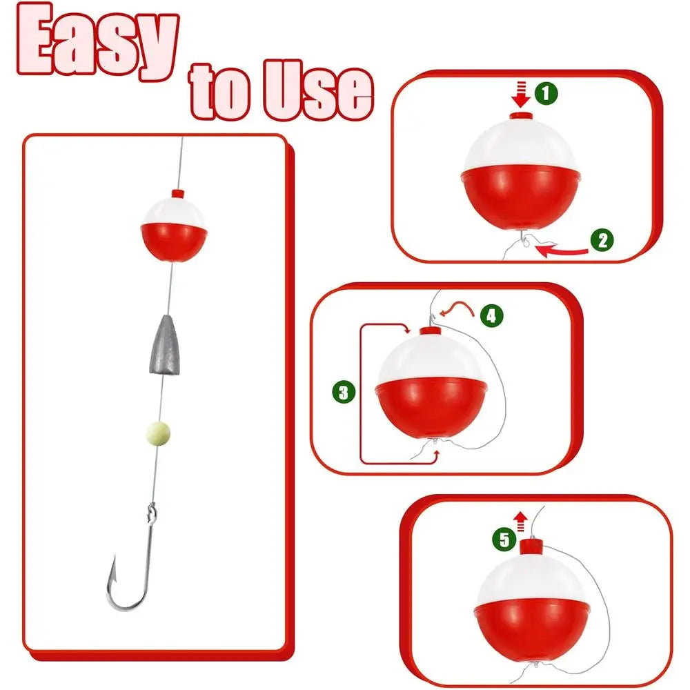 100 Pack Hard ABS Fishing Bobbers, Red & White, Push Button Round Floats, 0.75-1.5 Inch Tackle Accessories