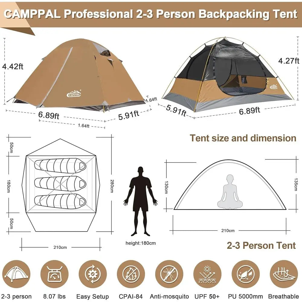 Lightweight 3-Season Double Door Backpacking Tent for 2 with Vestibules and UPF 50+ Protection