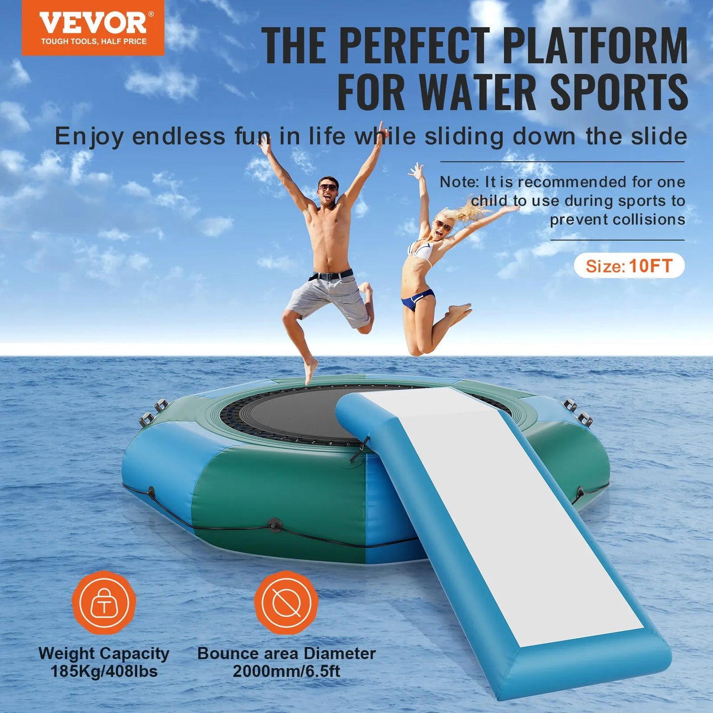 Inflatable Water Bouncer, 10ft Recreational Water Trampoline, Portable Bounce Swim Platform With Slide, 3-Step Ladder &