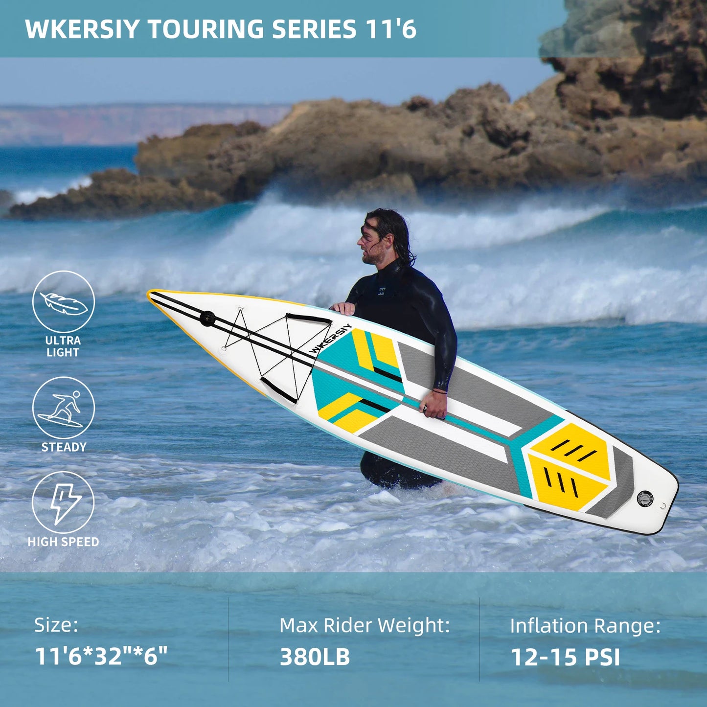 Wkersiy 11'6" Inflatable Paddle Board - Cruising SUP, Extra Wide & Stable for 2 Adults, Camera Mount, Yoga/Fishing/Adventure