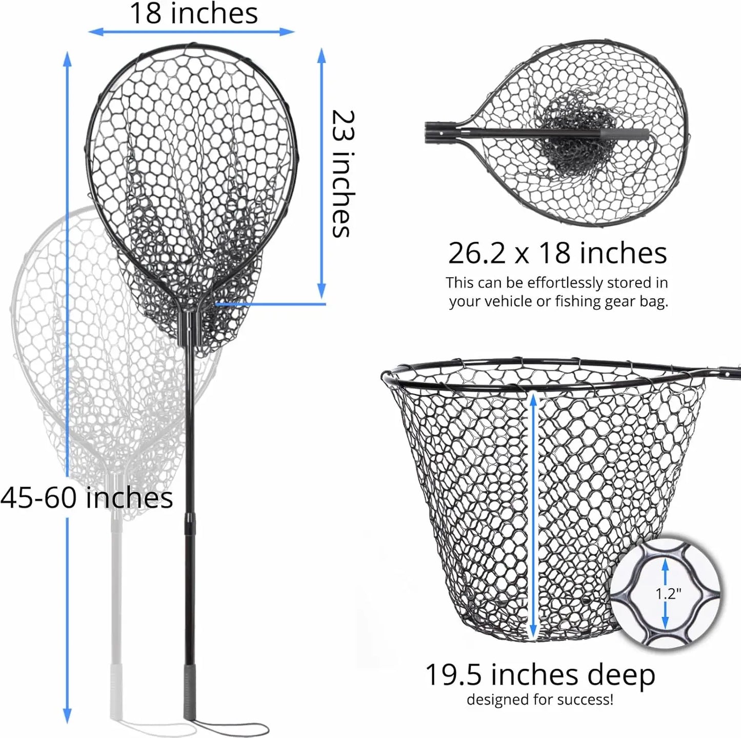 Large Fishing Landing Net with Telescoping Handle, Soft Rubber Mesh for Boat Pier River Angling