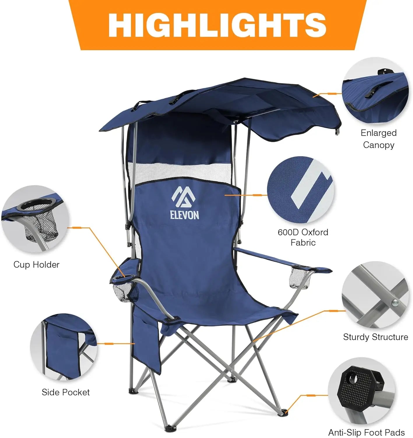 Oversized Folding Camping Chair with Canopy, Portable Outdoor Seat with Arms, Cup Holder and Carry Bag