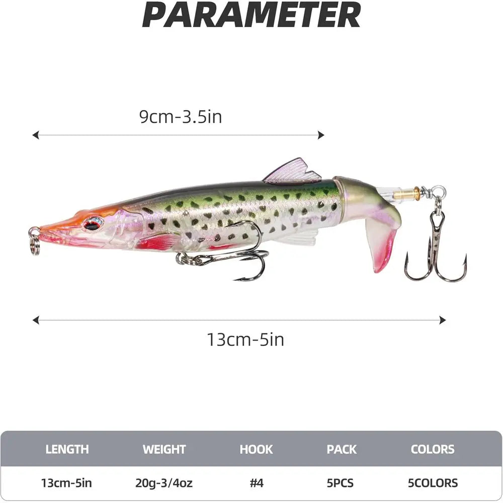 5 Pack Whopper Plopper Lures with Spinning Tail for Aggressive Surface Action - Ideal for Bass and Trout in Fresh & Saltwater