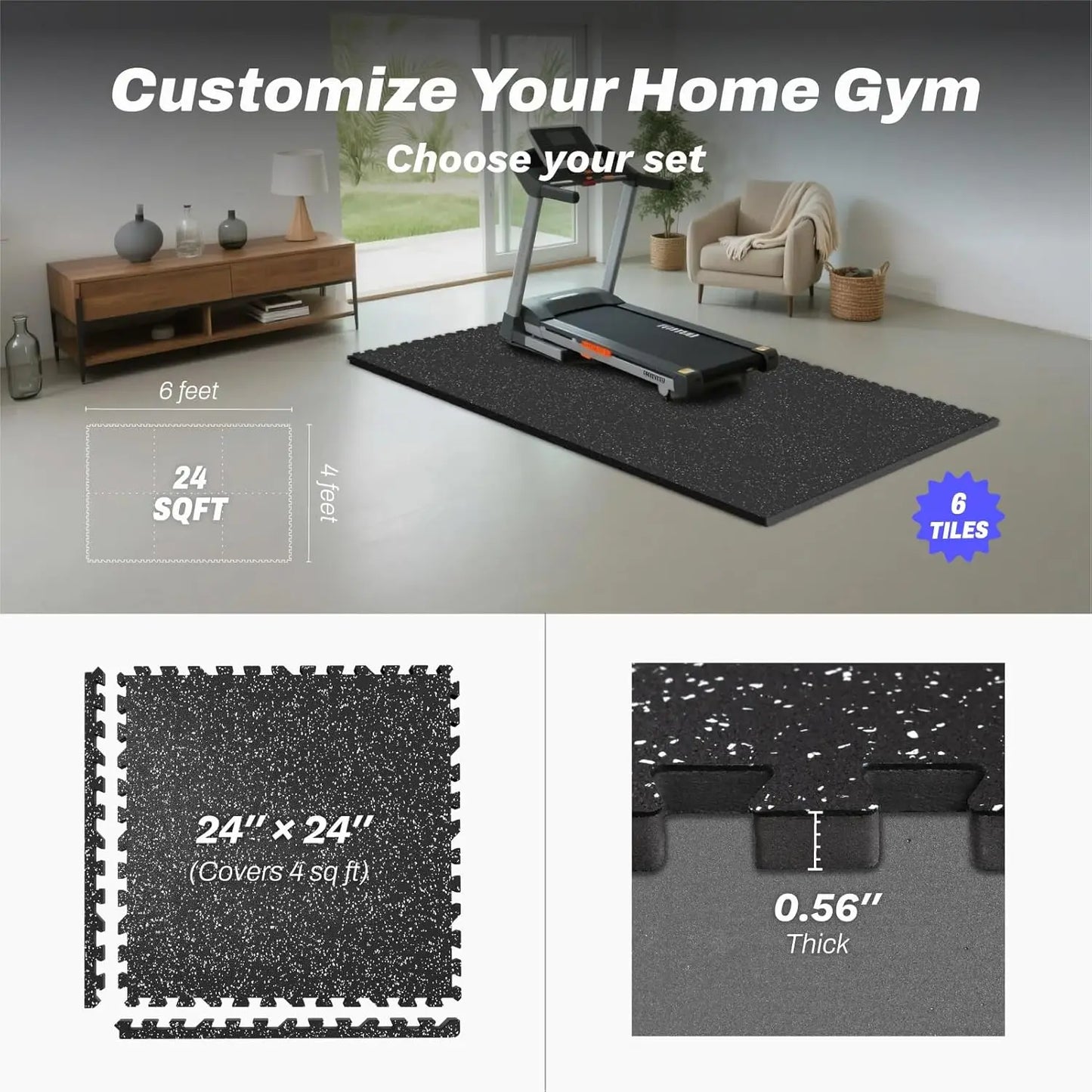 24 Sq Ft Interlocking Gym Floor Mats, 6 Tiles with Rubber Top & EVA Foam for Home Workouts