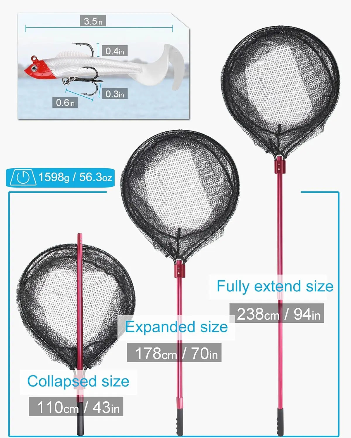 Large Rubber Fishing Net with Telescoping Aluminum Handle, Extends to 94in, Includes 6 Soft Baits