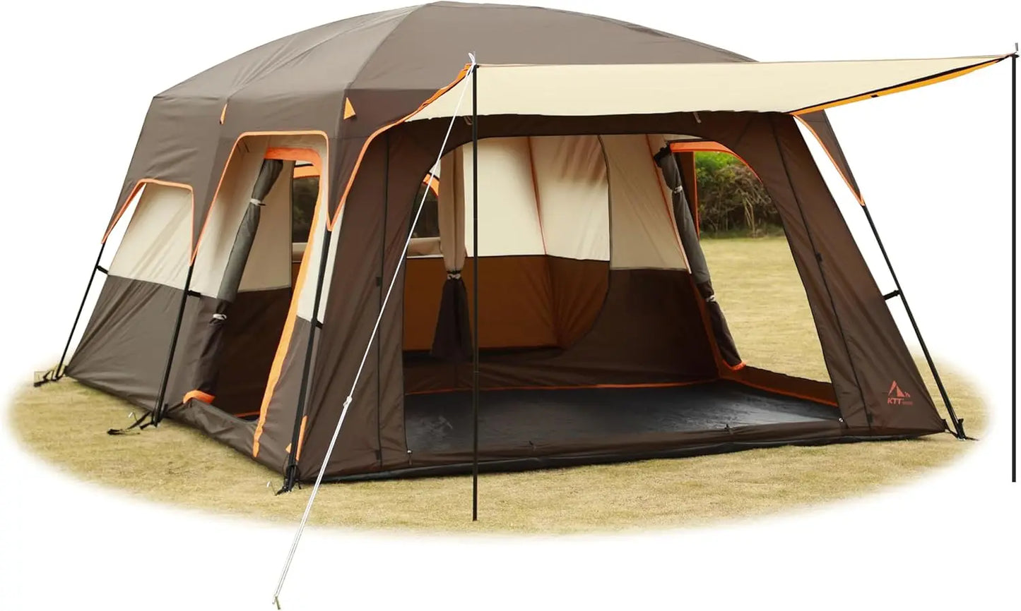 Large Family Cabin Tent with 2 Rooms, 3 Doors & Windows, Waterproof for Outdoor Camping and Picnics