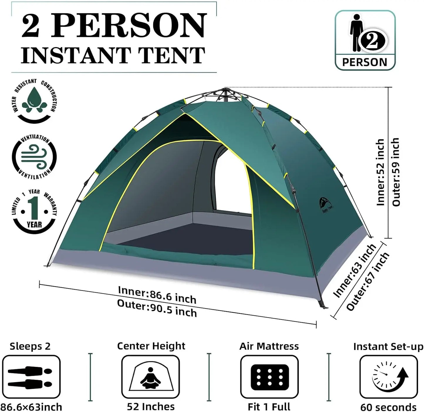 Instant Pop-Up Camping Tent for 1-4 People, Waterproof Windproof Easy Setup Portable Dome Tent