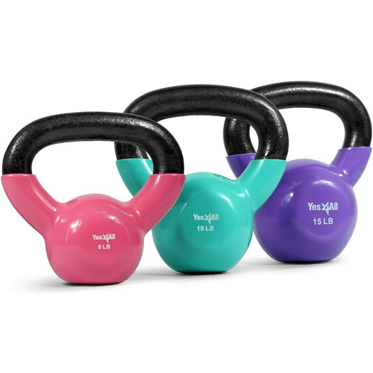 Kettlebell, Vinyl Coated Kettlebell Cast Iron Sets with Stable Flat Bottom for Full Body Workout, Push up, Grip Strength Trainin