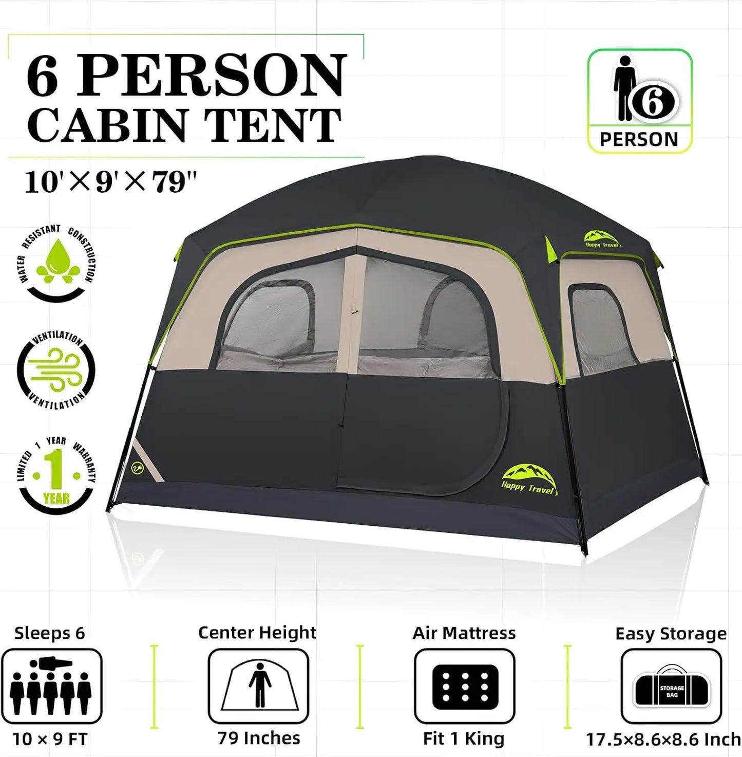 6-Person Waterproof Camping Tent, Easy Setup with Rainfly and Mesh Windows for Family Outdoor Adventures