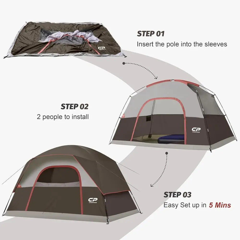6-Person Waterproof & Windproof Double Layer Family Camping Tent with Easy Setup, Large Mesh Windows, and Wider Door