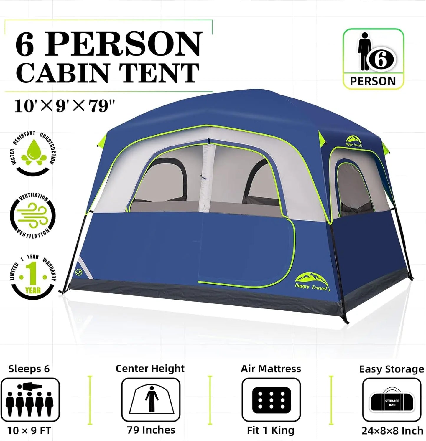 Waterproof Family Camping Tent With Easy Setup And Rainfly