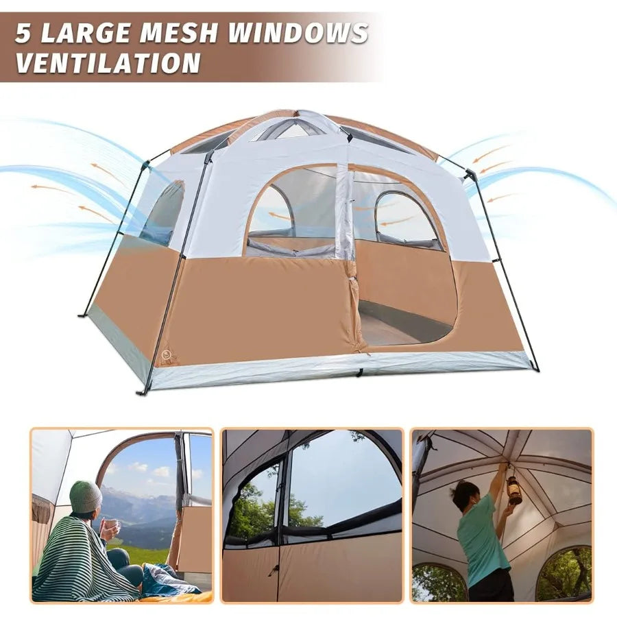 6 Person Waterproof Windproof Easy Setup Double Layer Family Camping Tent with 1 Mesh Door and 5 Large Mesh Windows Ideal for O