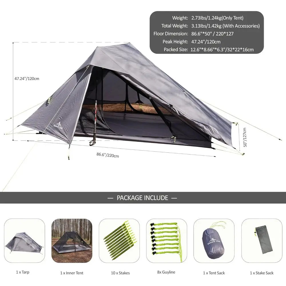 Ultralight 2-Person Backpacking Tent, Waterproof, Compact, 3-Season, Double Wall for Trekking, Camping, Hiking