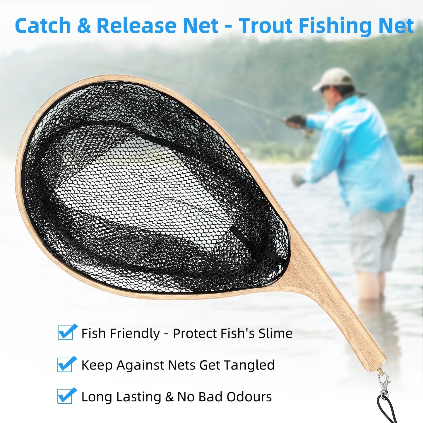 Fly Fishing Landing Net Curved Handle Fishing Net with Black Deep Net Freshwater Fishing Landing Net Small Mesh Fishing Net