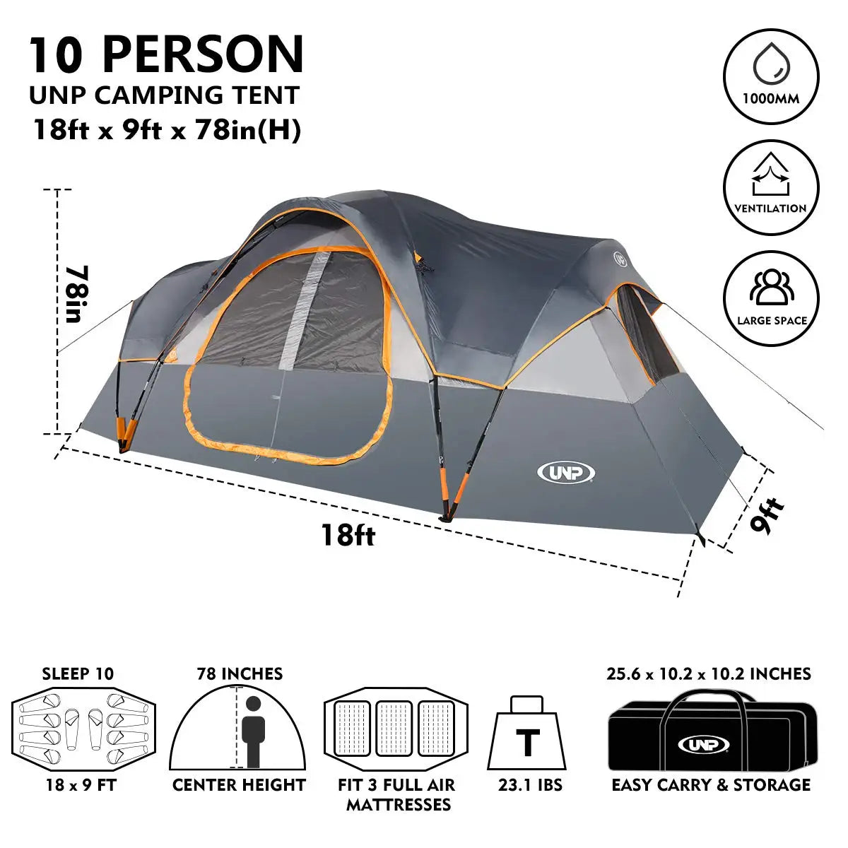 UNP Family Camping Tent Waterproof Weather Resistant Double Layer