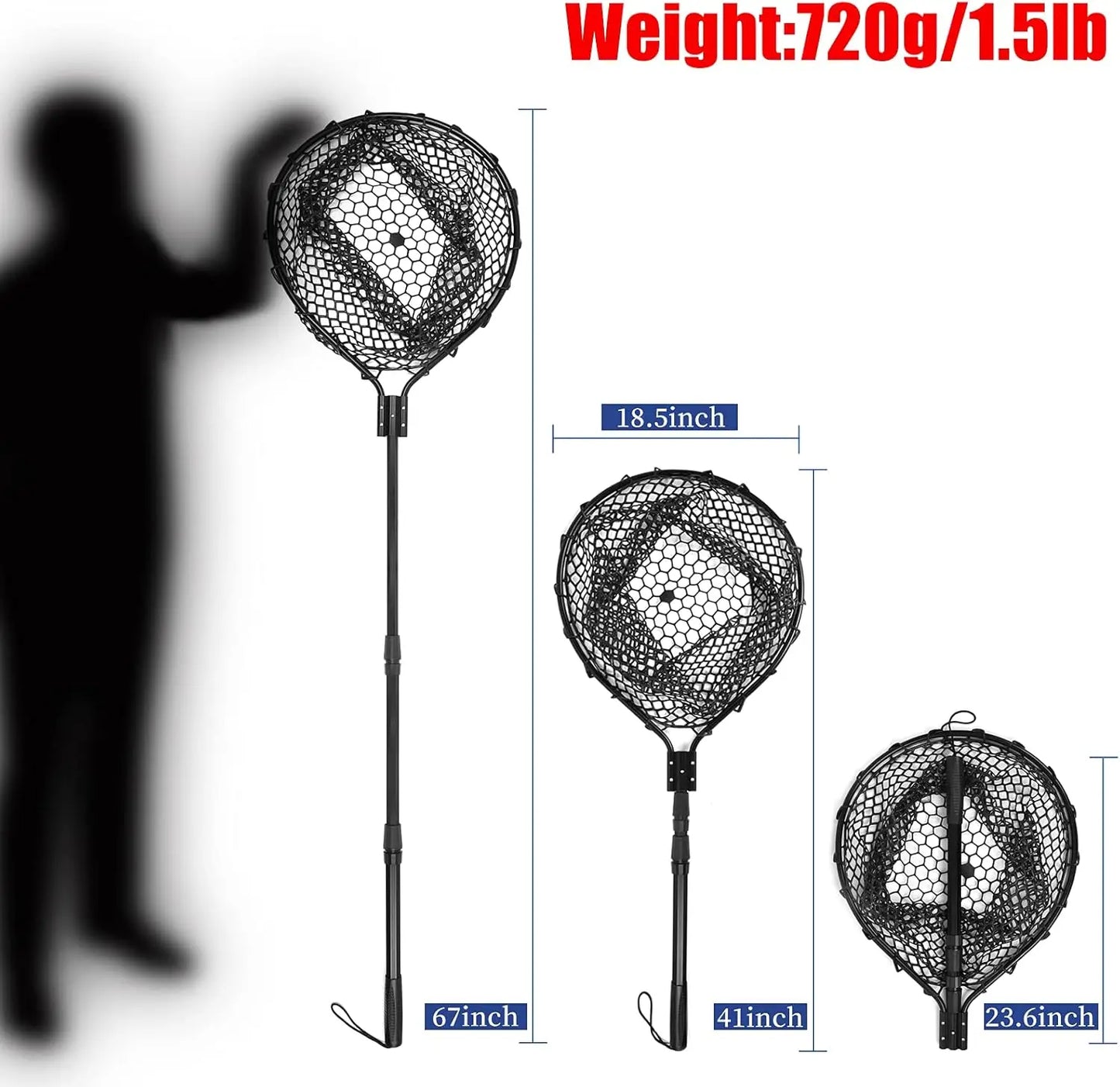 Large Folding Rubber Fishing Net with Aluminum Pole Handle, Extends to 67 Inches for Freshwater and Saltwater
