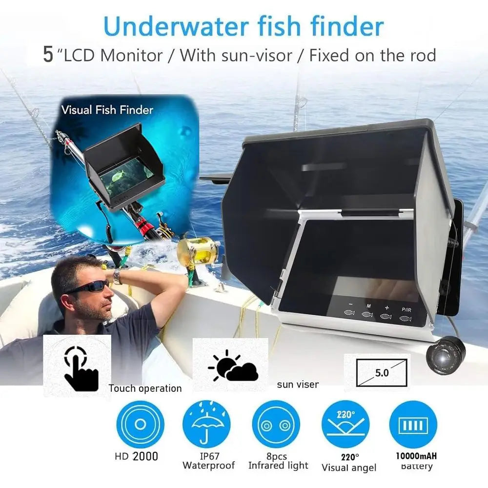 5" Underwater Fishing Camera,Portable LCD Monitor HD Fish Finder, IP67 Waterproof Camera 800 * 480 with Sun Visor,2000cd Brightn