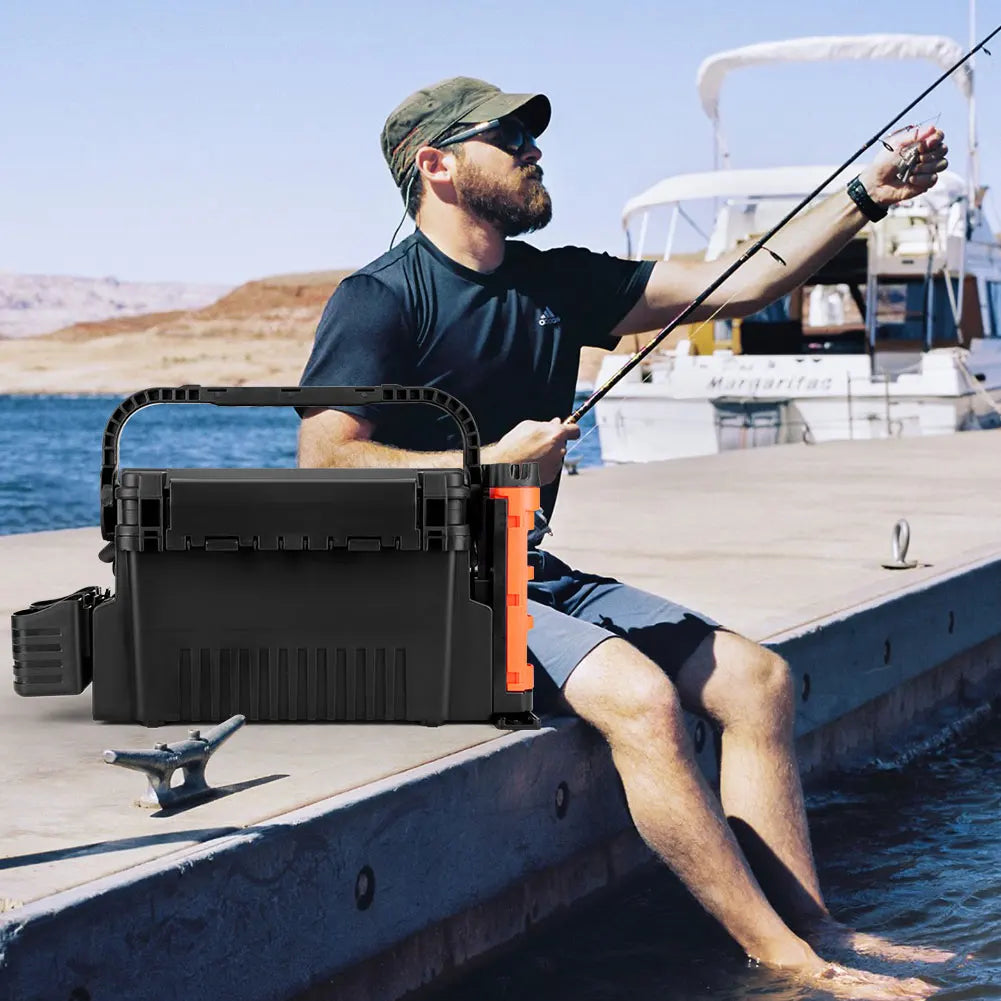 2 Tier Fishing Tackle Box Fishing Gear Box with Cup & Rod Holder Fishing Box Large Capacity Fishing Tool Box Fishing Accessories