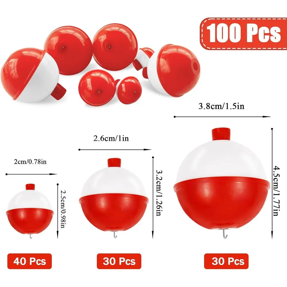 100 Pack Hard ABS Fishing Bobbers, Red & White, Push Button Round Floats, 0.75-1.5 Inch Tackle Accessories