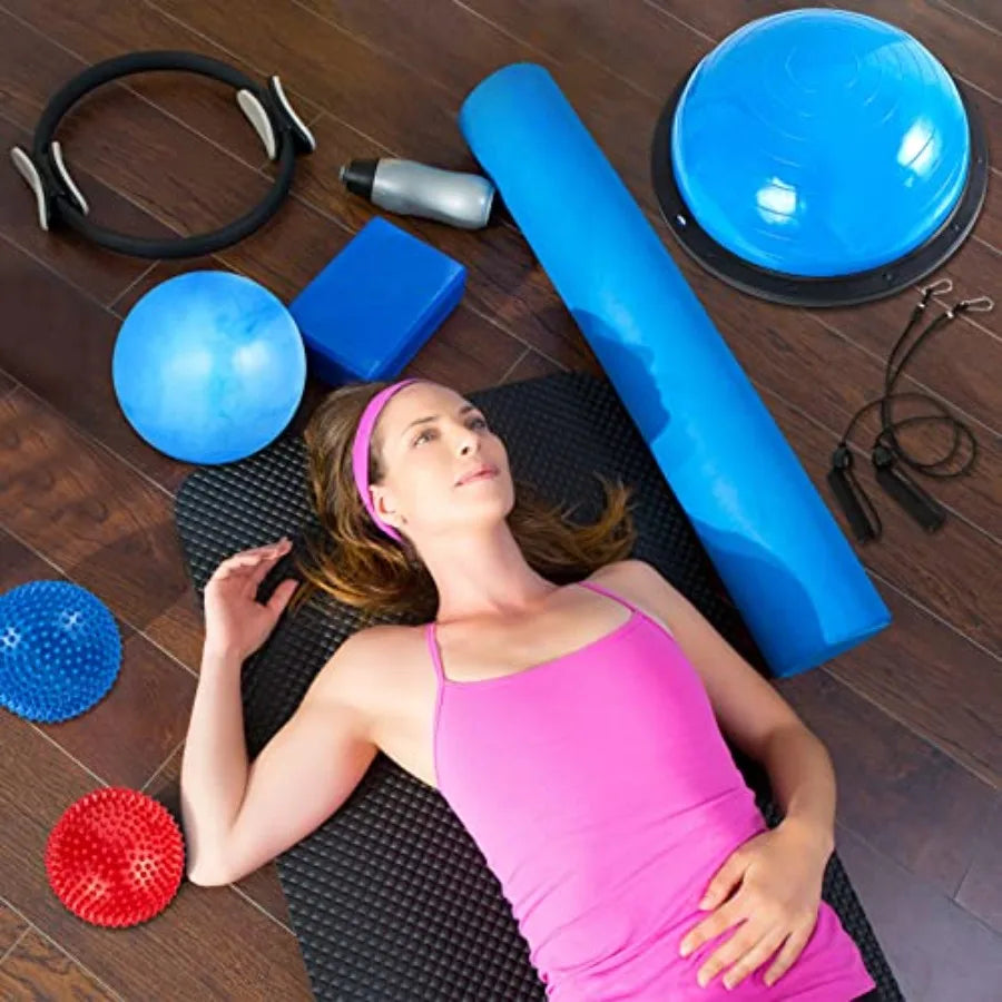 Half Ball Trainer Yoga Ball with Resistant Band Foot Pump Set for Core Stability and Full Body Workout in Gray with Elastic Fit