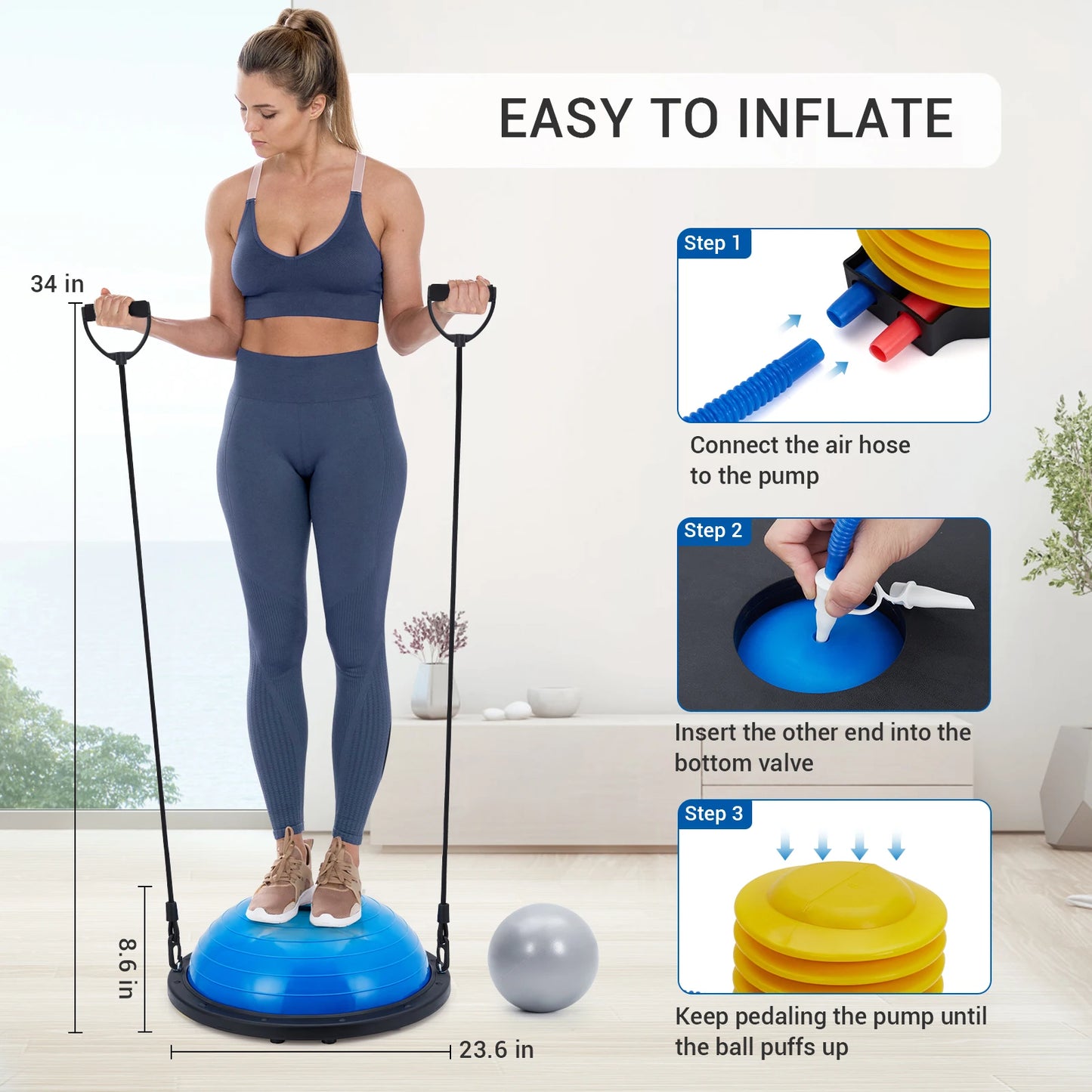 23" Half Balance Ball Trainer Set Non-Slip Core Strength Training Equipment with Resistance Bands & Air Pump for Yoga & Pilates