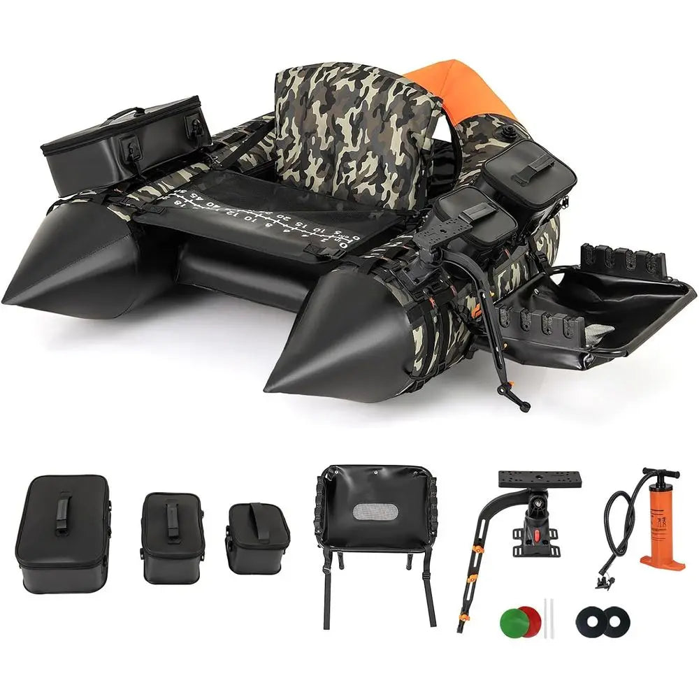 Inflatable Belly Boat with Fish Finder Holder, Rod Rack, Fish Ruler, Manual Pump & Detachable Storage Boxes, Portable Backpack F