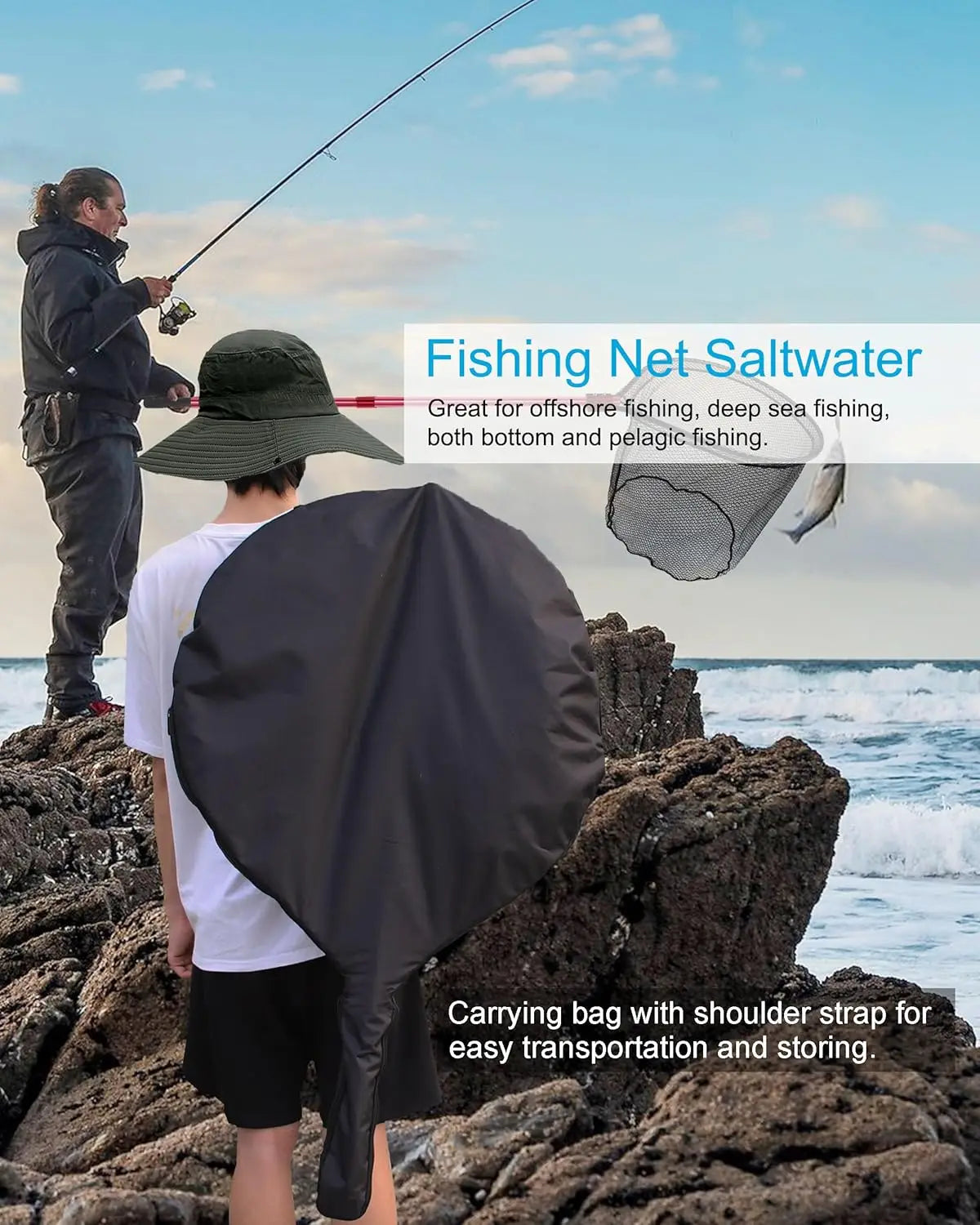 Large Rubber Fishing Net with Telescoping Aluminum Handle, Extends to 94in, Includes 6 Soft Baits