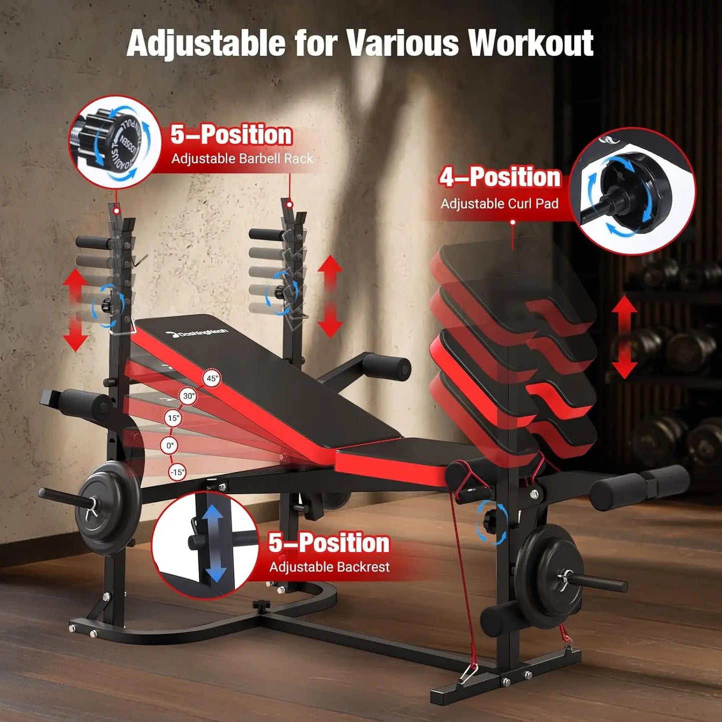 6-in-1 Foldable Weight Bench Set, 1695LBS Adjustable Workout Bench/Barbell Rack/Curl Pad, Bench Press, Leg, Customized