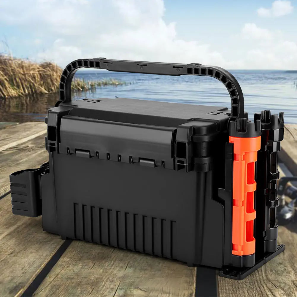 2 Tier Fishing Tackle Box Fishing Gear Box with Cup & Rod Holder Fishing Box Large Capacity Fishing Tool Box Fishing Accessories
