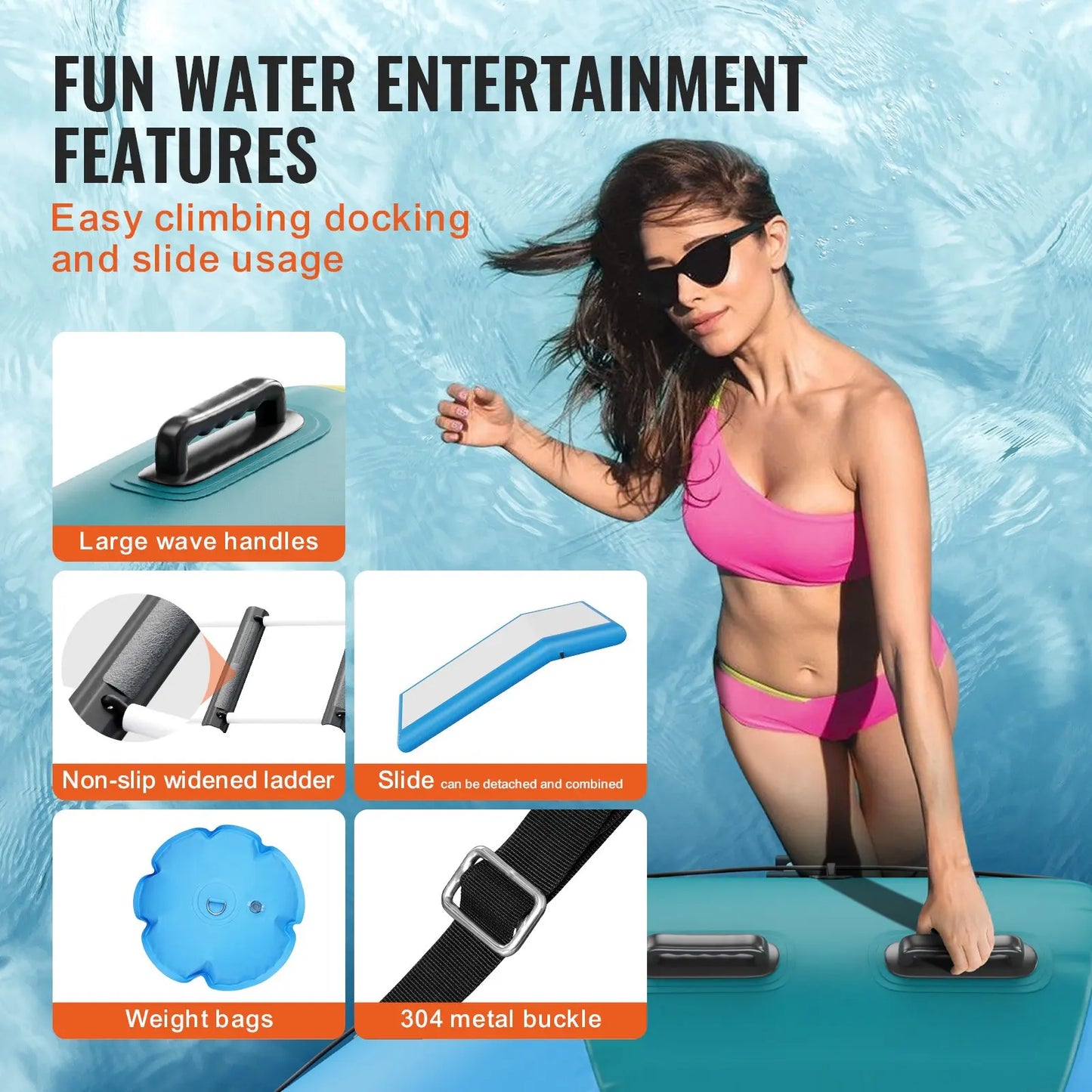 Inflatable Water Bouncer, 10ft Recreational Water Trampoline, Portable Bounce Swim Platform With Slide, 3-Step Ladder &