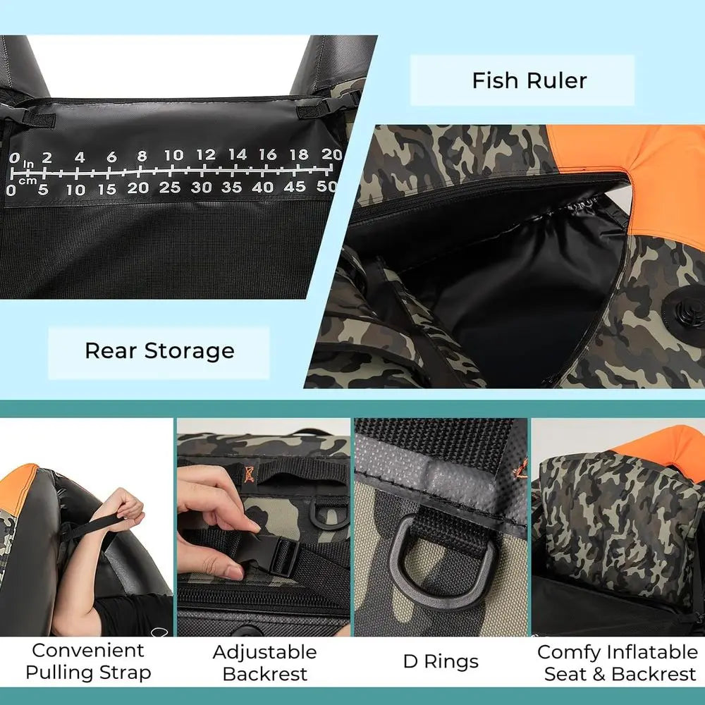 Inflatable Belly Boat with Fish Finder Holder, Rod Rack, Fish Ruler, Manual Pump & Detachable Storage Boxes, Portable Backpack F