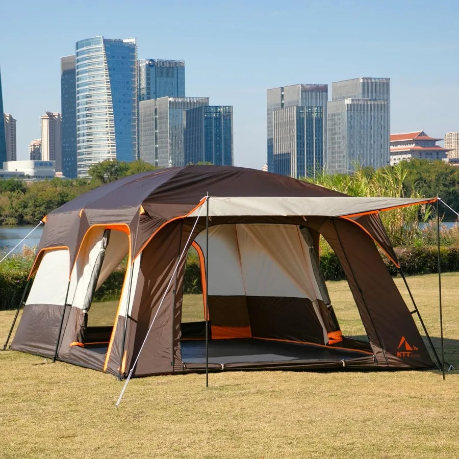 Extra Large Tent 6-10-12-14 Person B Family Cabin Tents 2 Rooms 3 Doors and 3 Windows with Mesh Straight Wall Waterproof Double
