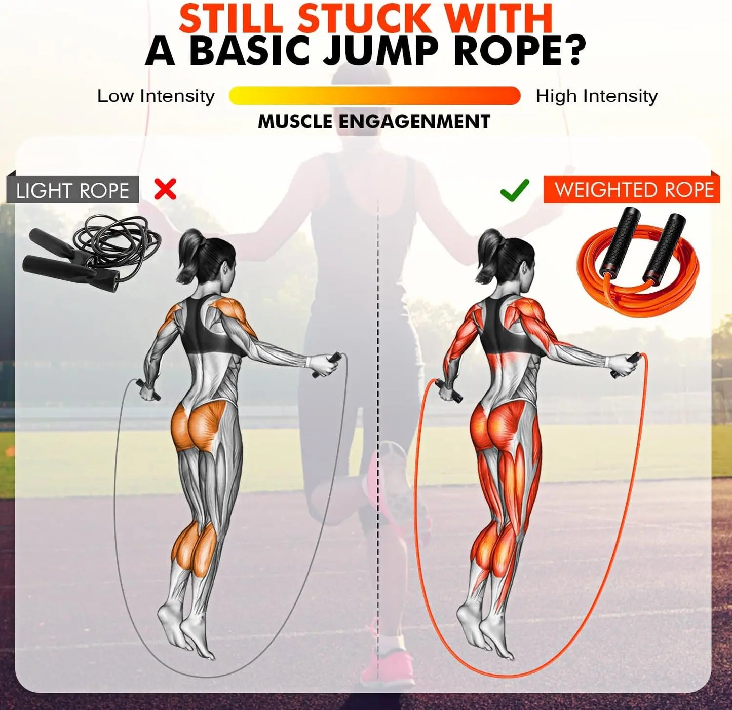 Adjustable Weighted Jump Rope 1lb for Men Women, Home Gym Fitness Training, Boxing Cardio Full Body Workout Equipment