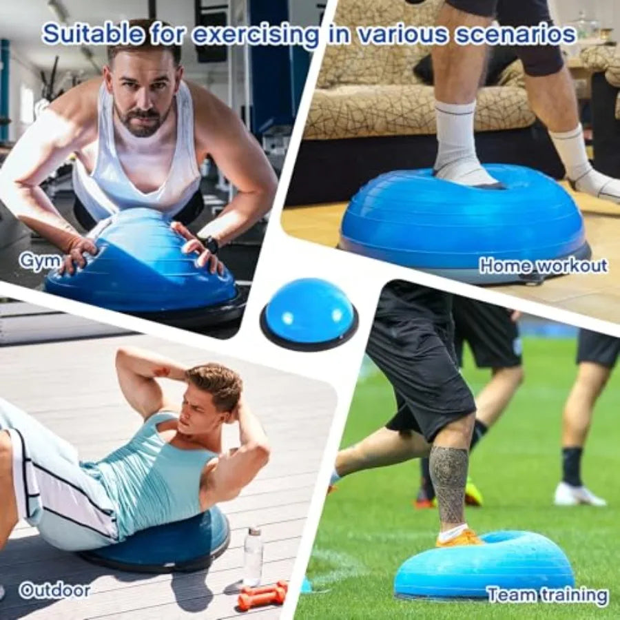 Half Ball Trainer Yoga Ball with Resistant Band Foot Pump Set for Core Stability and Full Body Workout in Gray with Elastic Fit