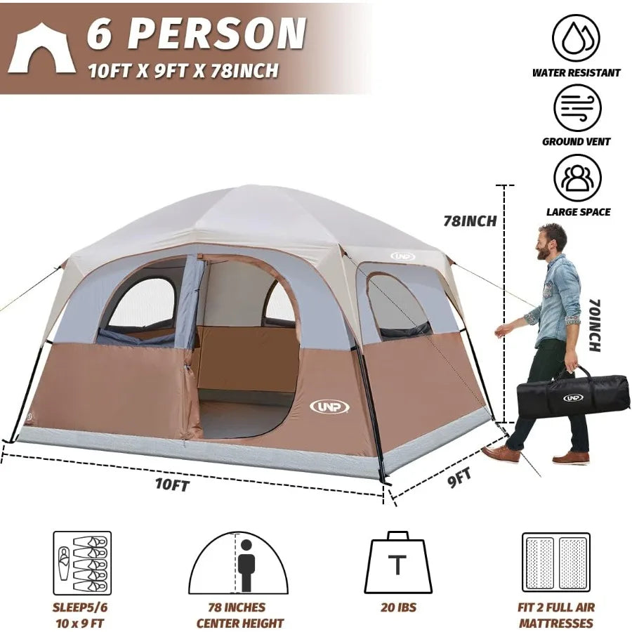 6 Person Waterproof Windproof Easy Setup Double Layer Family Camping Tent with 1 Mesh Door and 5 Large Mesh Windows Ideal for O