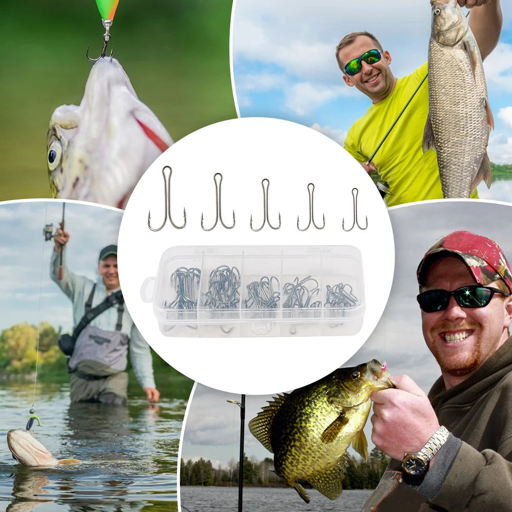 50pcs Long Shank Double Hook High Carbon Steel Crank Barbed Jig Hook Frog Bait Lure Hooks Fishing Accessories